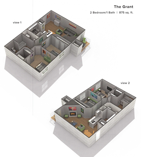 Floor plan for 2 beds, 1 bath, 875 sqft